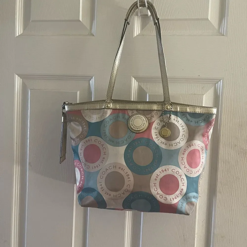 Coach satin scarf print 1941 beige ,khaki,peach & mint green color small tote. - Picture 3 of 16